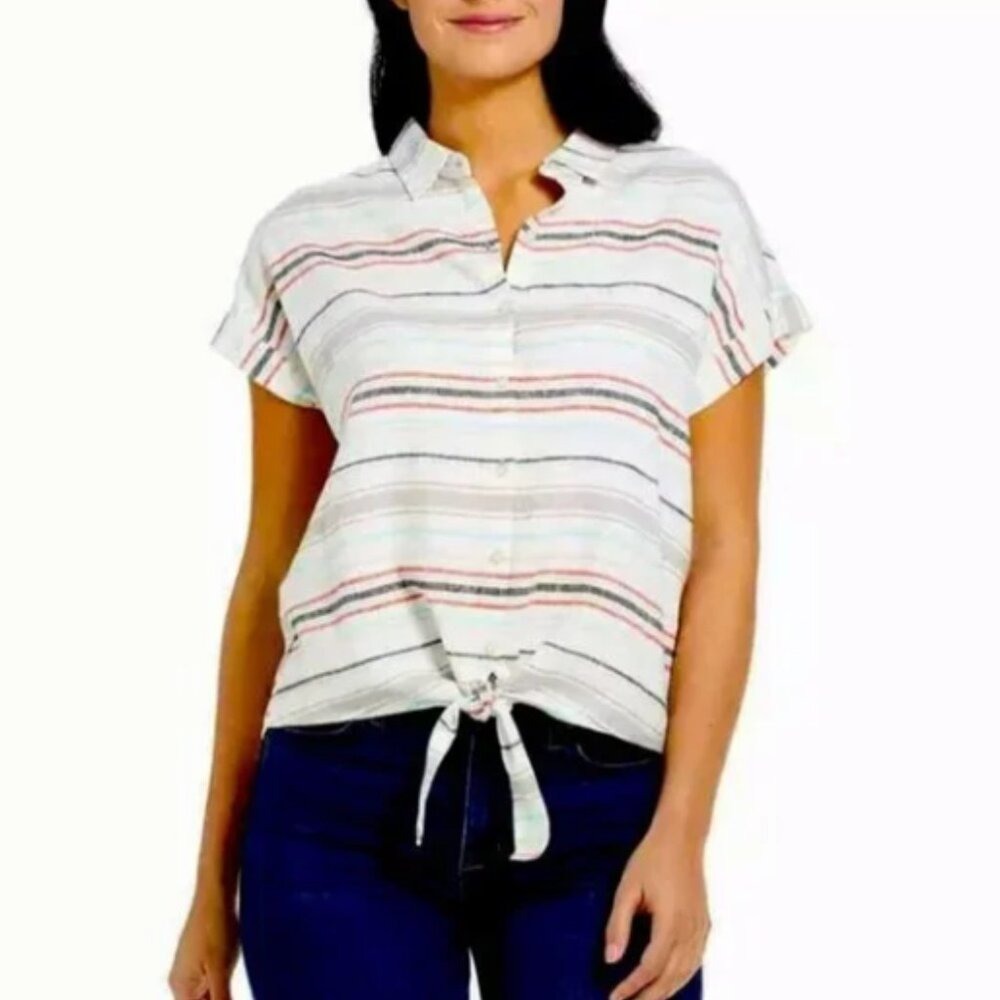 Weatherproof Vintage Womens Washable Linen Striped Tie Front Shirt XS White Red